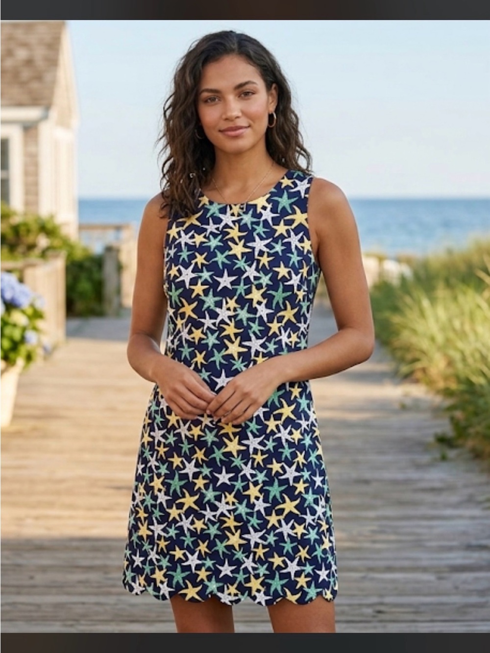 Pappagallo Starfish Shift Dress Sz 8 Scalloped Hem Navy Preppy Resort Coastal